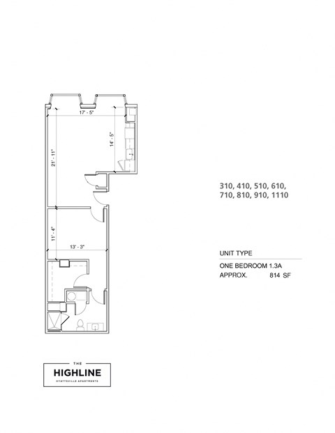 Floor plan for 1 bed, 1 bath, 820 sqft